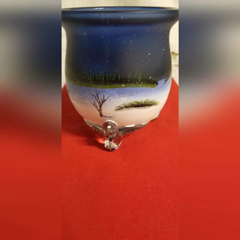 Vintage Votive Winter Scene Hand Painted Glass Candle Holder